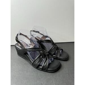 Clarks Artisan Sandals Black Leather Open Toe Straps Slingbacks Wedge Size 8.5